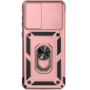 Funda híbrida doble capa rose gold para Samsung Galaxy A73 5G con anillo metálico y protector de cámara.