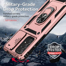 Funda híbrida doble capa rose gold para Samsung Galaxy A73 5G con anillo metálico y protector de cámara.