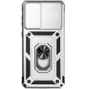 Funda híbrida plateada para Galaxy A73 5G con anillo metálico giratorio y protector de cámara.