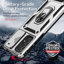 Funda híbrida plateada para Galaxy A73 5G con anillo metálico giratorio y protector de cámara.