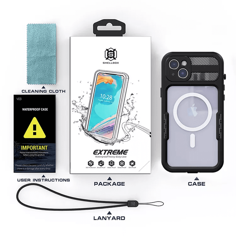 Protege tu iPhone 14 Pro con la funda impermeable SHELLBOX Mars Series para surfing y buceo en Guatemala.