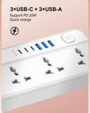 Cable de extensión LDNIO SC5614 multifuncional 2500W, blanco con seis tomas y cuatro puertos USB.