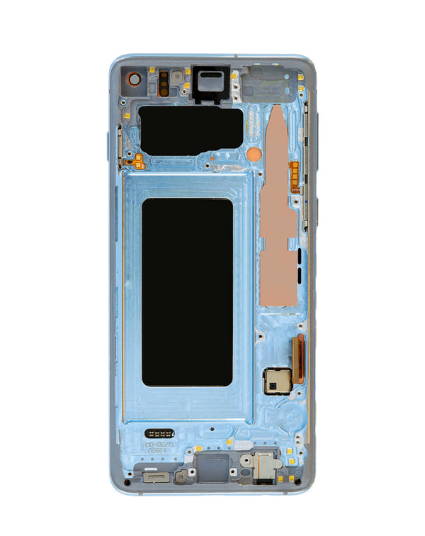 Reparación de pantalla OLED Samsung Galaxy S10 en Guatemala, con marco y color Prism Blue.