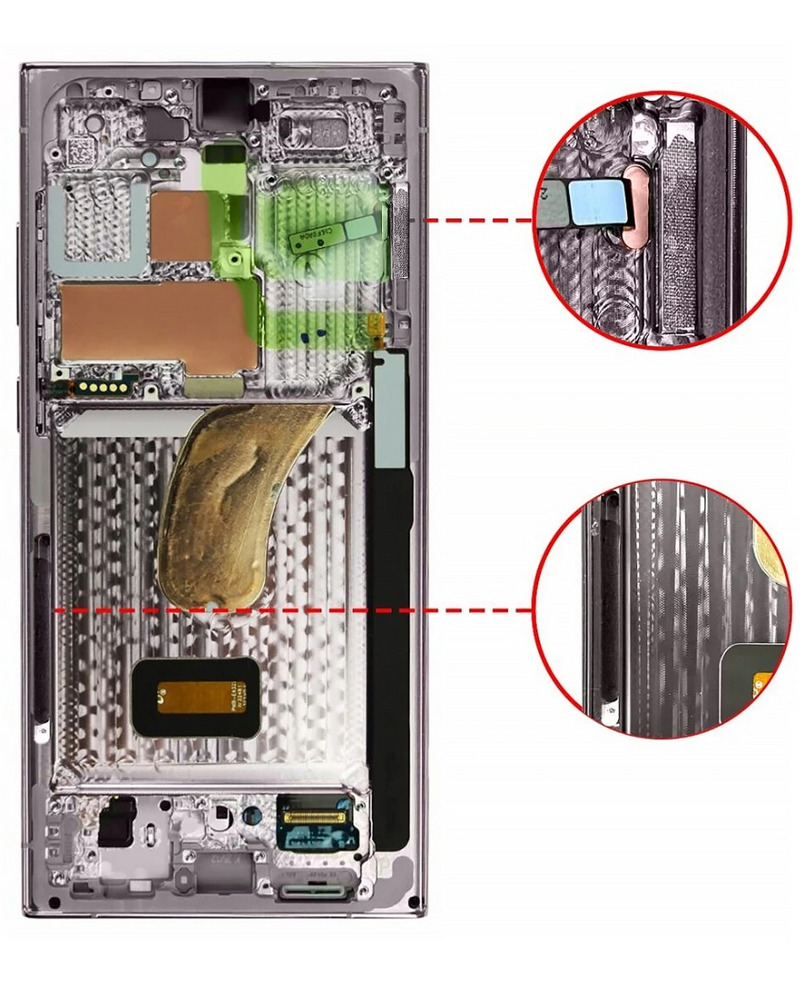 Reparación de pantalla original con marco Samsung Galaxy S23 Ultra en Guatemala, disponible para mayoristas y talleres de reparación.