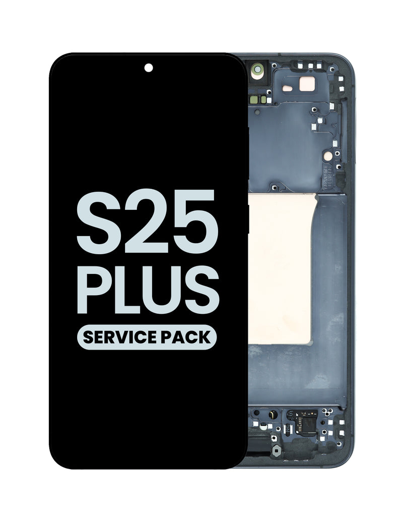 Reparación de pantalla original OLED con marco para Samsung S25 Plus en Guatemala, disponible en colores Blue Black.