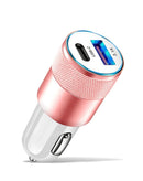 Cargador de auto USB C y A SlowBack, 15W, color oro rosa metálico para carga rápida.