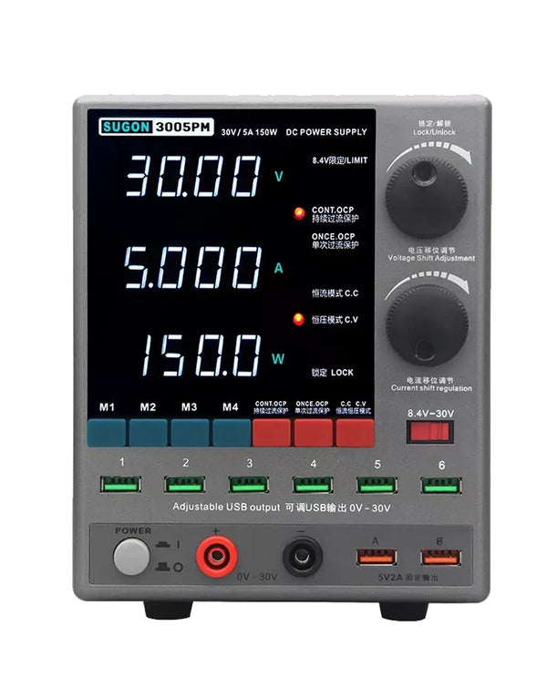 Compra la fuente de poder ajustable SUGON 3005PM 30V / 5A con display LED de 4 dígitos en Guatemala para tus proyectos de alta precisión.