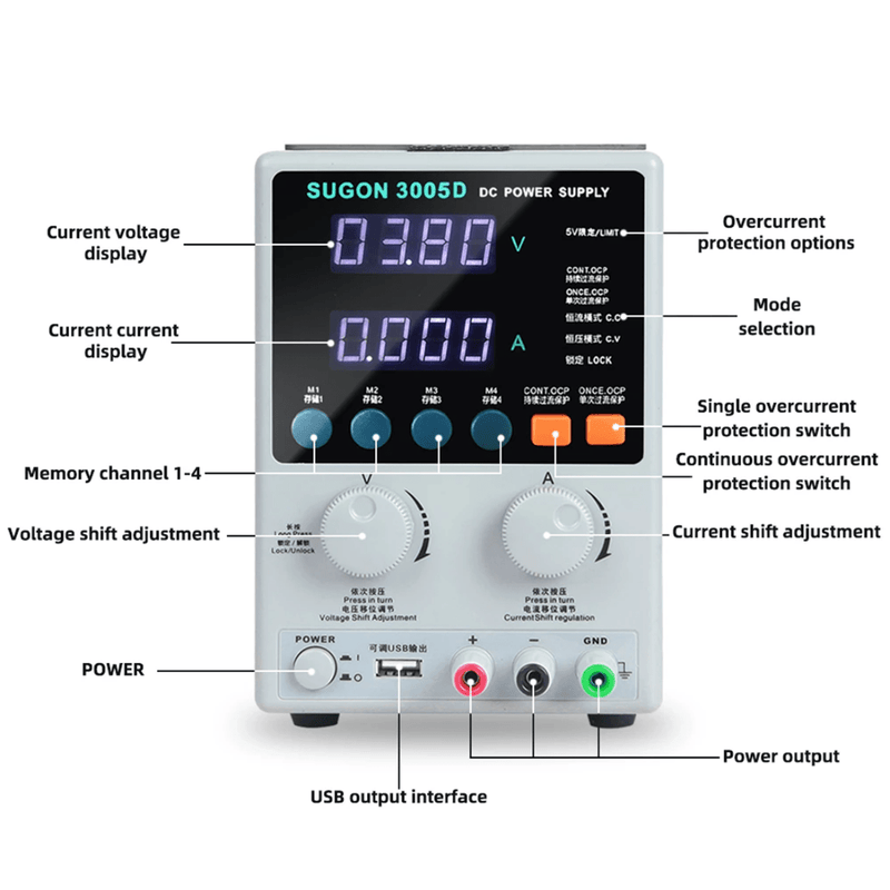 Encuentra la Fuente de Poder digital ajustable SUGON 3005D 30V 5A en Guatemala para tus necesidades de reparación con SlowBack.