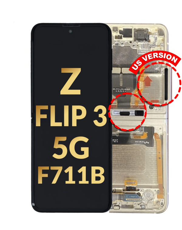 Reparación de pantalla Samsung Galaxy Z Flip 3 F711 con marco en Guatemala, servicio pack OLED en color Cream.