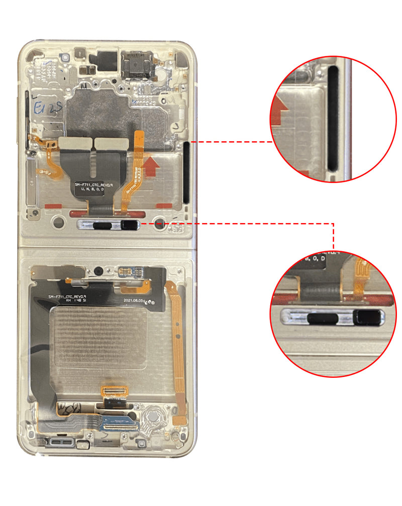 Reparación de pantalla Samsung Galaxy Z Flip 3 F711 con marco en Guatemala, servicio pack OLED en color Cream.