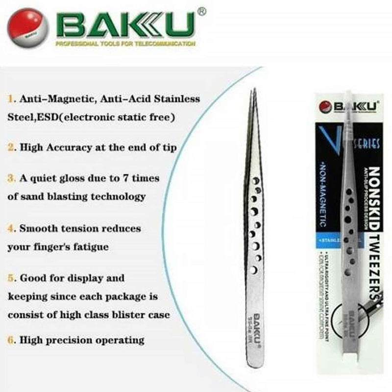 Encuentra las pinzas BAKU 27-SA SR de acero inoxidable no magnético en Guatemala para reparaciones y trabajos de precisión.