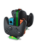 Soporte de carga Dobe para dos Joy-Con de Nintendo Switch, base negra con indicadores LED.
