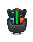 Soporte de carga Dobe para dos Joy-Con de Nintendo Switch, base negra con indicadores LED.