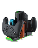 Soporte de carga Dobe para dos Joy-Con de Nintendo Switch, base negra con indicadores LED.
