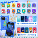 Smartphone SlowBack azul para niños con pantalla táctil, juegos, cámaras y reproductor MP3, en estuche protector.
