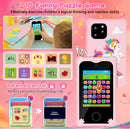 Smartphone infantil rosa con pantalla táctil, juegos, cámaras y MP3, incluye funda protectora.