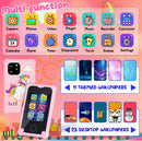 Smartphone infantil rosa con pantalla táctil, juegos, cámaras y MP3, incluye funda protectora.
