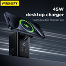 Cargador de escritorio PISEN MagStation GaN de 45W con múltiples puertos USB-C y USB-A, ideal para cargar rápidamente celulares y accesorios.