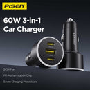 Cargador de auto PISEN Quick 2 de 60W con puertos USB-A y Type-C, ideal para carga rápida en tu vehículo.