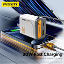 Cargador de pared PISEN GaN de 30W blanco con enchufe retráctil, ideal para carga rápida de celulares.