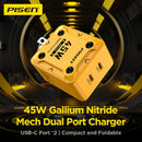 Cargador rápido PISEN Mecha de 45W con 2 puertos USB, ideal para cargar celulares y dispositivos móviles.