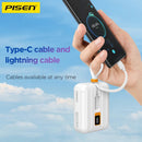 Power bank PISEN Tiny blanco de 10000 mAh con cables duales integrados, USB-C y Lightning, para carga rápida de 30W.