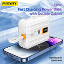 Power bank PISEN Tiny blanco de 10000 mAh con cables duales integrados, USB-C y Lightning, para carga rápida de 30W.