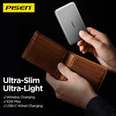 Power bank PISEN NeoSlim plateado, carga inalámbrica de 10W, 5000 mAh. Cargador portátil delgado para celulares.