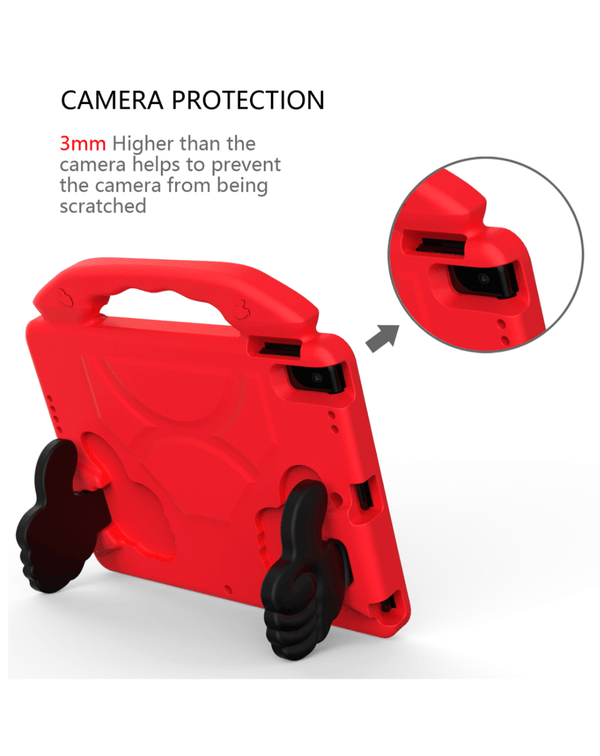 Funda roja con soporte portátil ideal para niños en Guatemala.