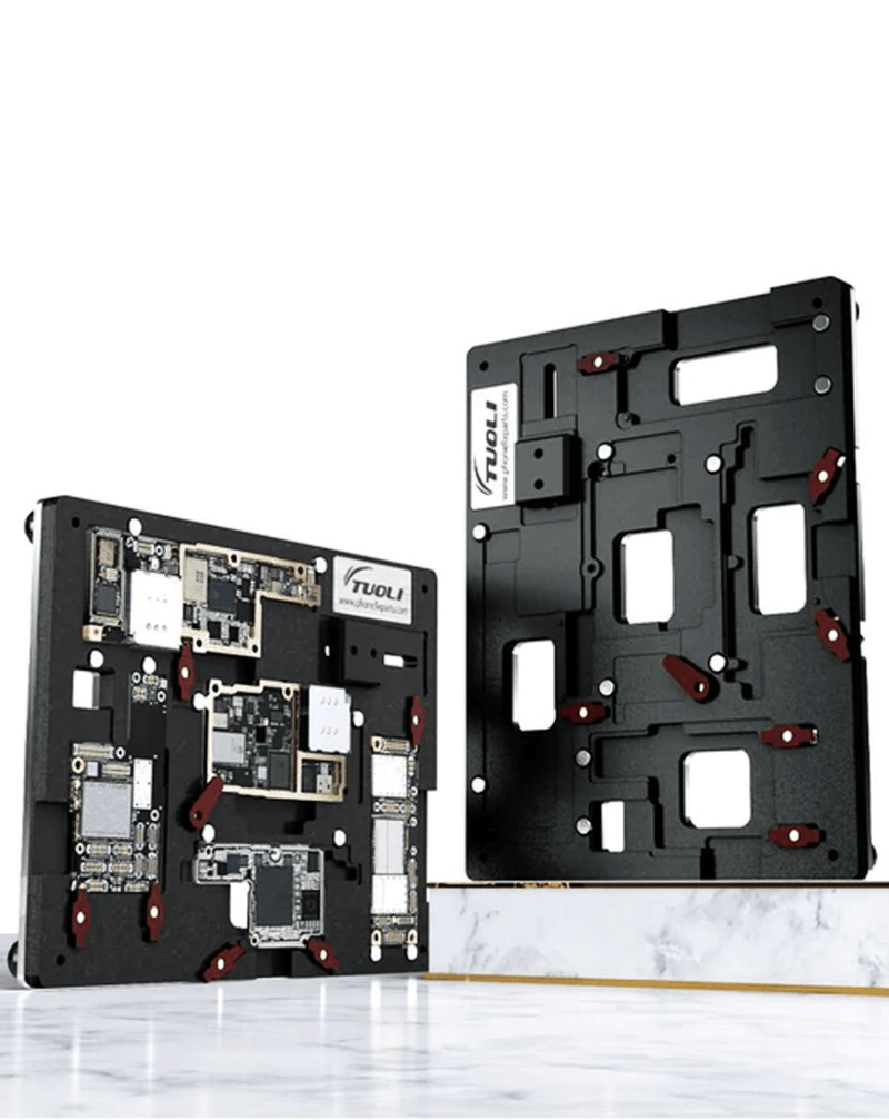 Soporte universal 6 en 1 para reparación de placa lógica de iPhone X y 11 Pro Max en Guatemala, ideal para talleres de reparaciones.
