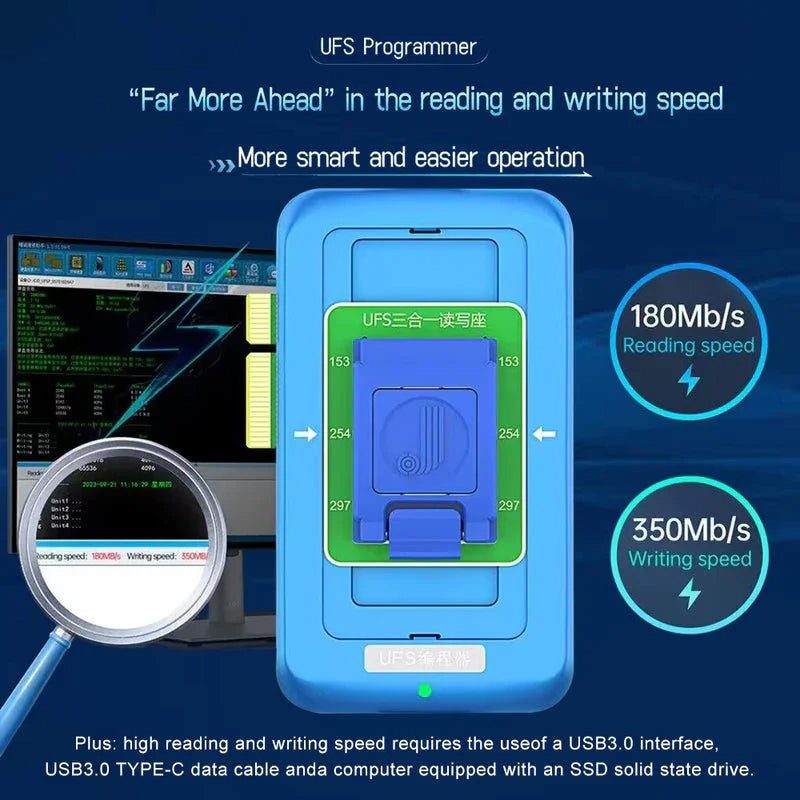 Programador UFS JCID U15 BGA 153/254/297 para lectura y escritura de Nand en Guatemala.
