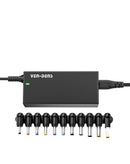 Adaptador de corriente universal VEN-DENS VD-UC01 con múltiples puntas intercambiables para laptop, color negro.