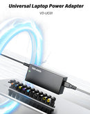 Adaptador de corriente universal VEN-DENS VD-UC01 con múltiples puntas intercambiables para laptop, color negro.