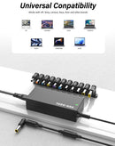 Adaptador de corriente universal VEN-DENS VD-UC01 con múltiples puntas intercambiables para laptop, color negro.