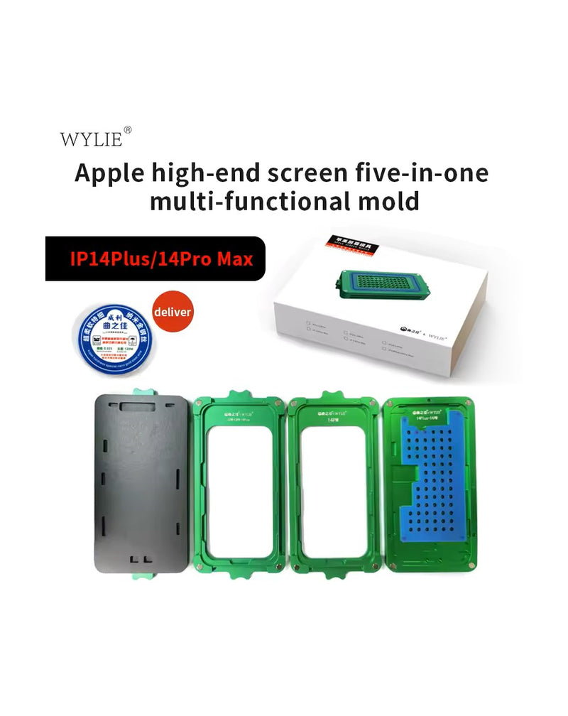 Encuentra el molde laminador OCA 5 en 1 Wylie para iPhone 14 Plus / 14 Pro Max en Guatemala para reparaciones rápidas y de calidad.