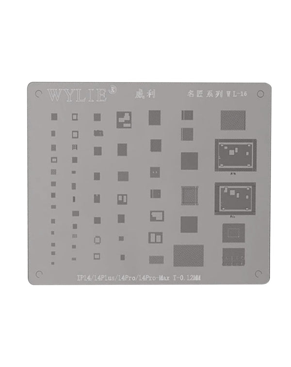 Reparación de iPhone 14 con stencil Wylie BGA plateado en talleres especializados en Guatemala.