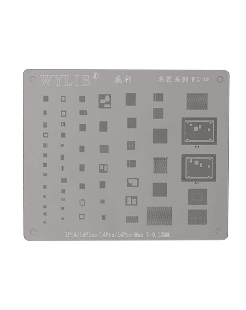 Reparación de iPhone 14 con stencil Wylie BGA plateado en talleres especializados en Guatemala.