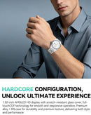 Smartwatch GloryFitPro plateado, pantalla AMOLED 1.32", elegante accesorio reloj inteligente con funciones de fitness.