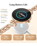 Smartwatch DaFit dorado para mujer, pantalla AMOLED, correa de malla metálica, elegante accesorio wearable.