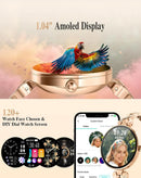 Smartwatch DaFit dorado para mujer, pantalla AMOLED, correa de malla metálica, elegante accesorio wearable.