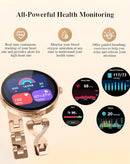 Smartwatch DaFit dorado para mujer, pantalla AMOLED, correa de malla metálica, elegante accesorio wearable.