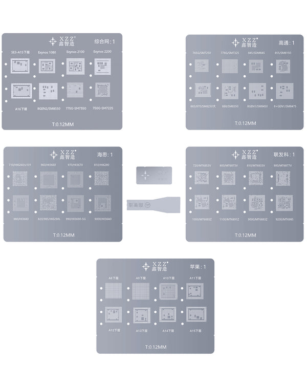 Kit de reballing CPU BGA XinZhiZao iPhone 6 a 15 PM, ideal para reparaciones y mantenimiento de iPhones en Guatemala.