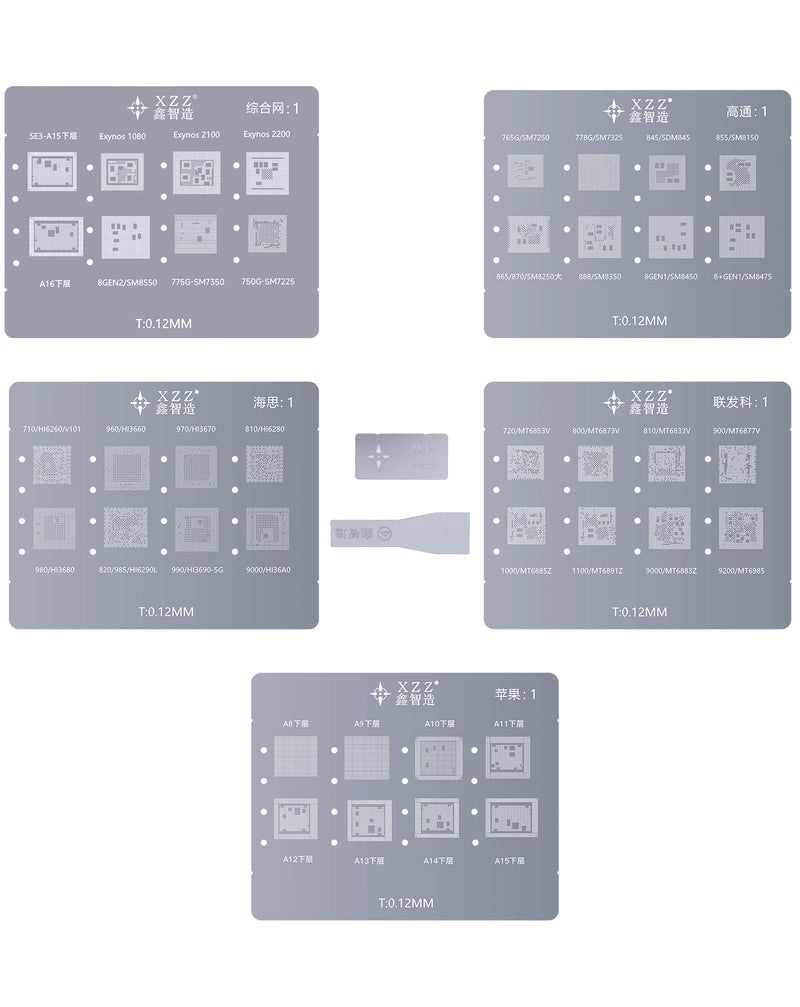 Kit de reballing CPU BGA XinZhiZao iPhone 6 a 15 PM, ideal para reparaciones y mantenimiento de iPhones en Guatemala.