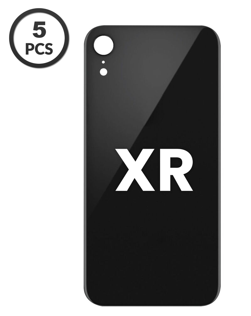 Tapa trasera de repuesto para iPhone XR en color negro con orificio de cámara más grande, ideal para reparaciones en Guatemala.