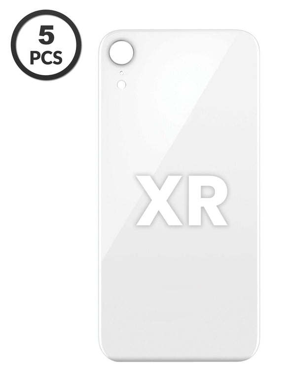 Tapa trasera blanca con agujero para cámara de iPhone XR, pack de 5 unidades, ideal para reparaciones en Guatemala.
