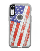 Funda protectora heavy duty para iPhone XR con diseño de bandera de Estados Unidos, resistente a golpes y caídas.