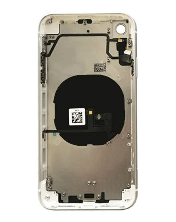 Tapa trasera blanca con componentes preinstalados para iPhone XR en Guatemala, ideal para reparaciones y talleres especializados.