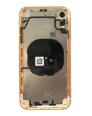 Estructura trasera con componentes preinstalados para iPhone XR en Guatemala, ideal para reparaciones y con etiqueta de color amarillo.