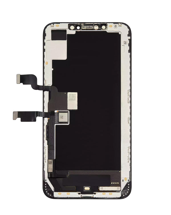 Reparación de pantalla original iPhone XS Max en Guatemala con etiqueta OLED y piezas originales.
