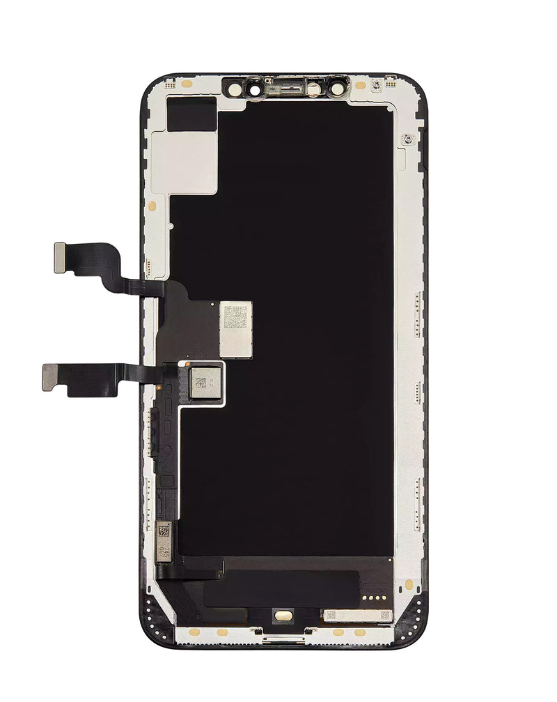 Reparación de pantalla original iPhone XS Max en Guatemala con etiqueta OLED y piezas originales.
